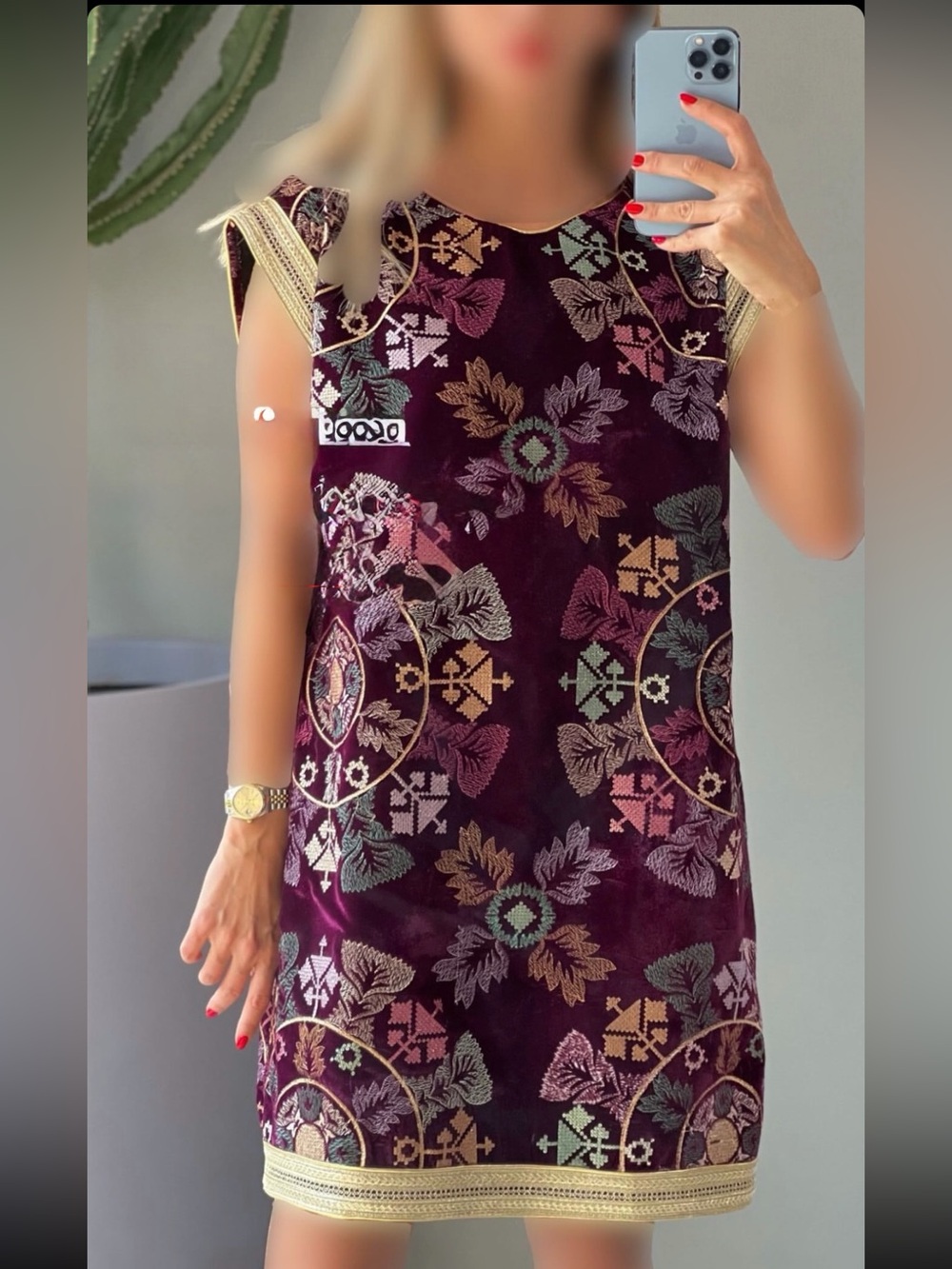 Sleeveless Embroidered Shift Dress in Deep Plum